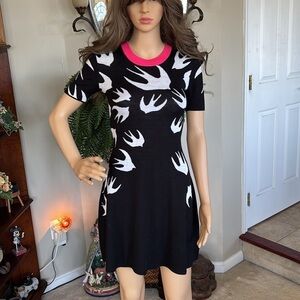 MCQ Alexander McQueen Black Swallow Skater Dress Wool Short Sleeve Knit Crewneck